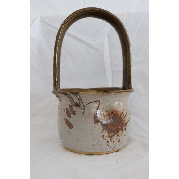 Vtg Handmade Studio Art Fine Pottery Ceramic Basket Glazed Brown Gray Signed